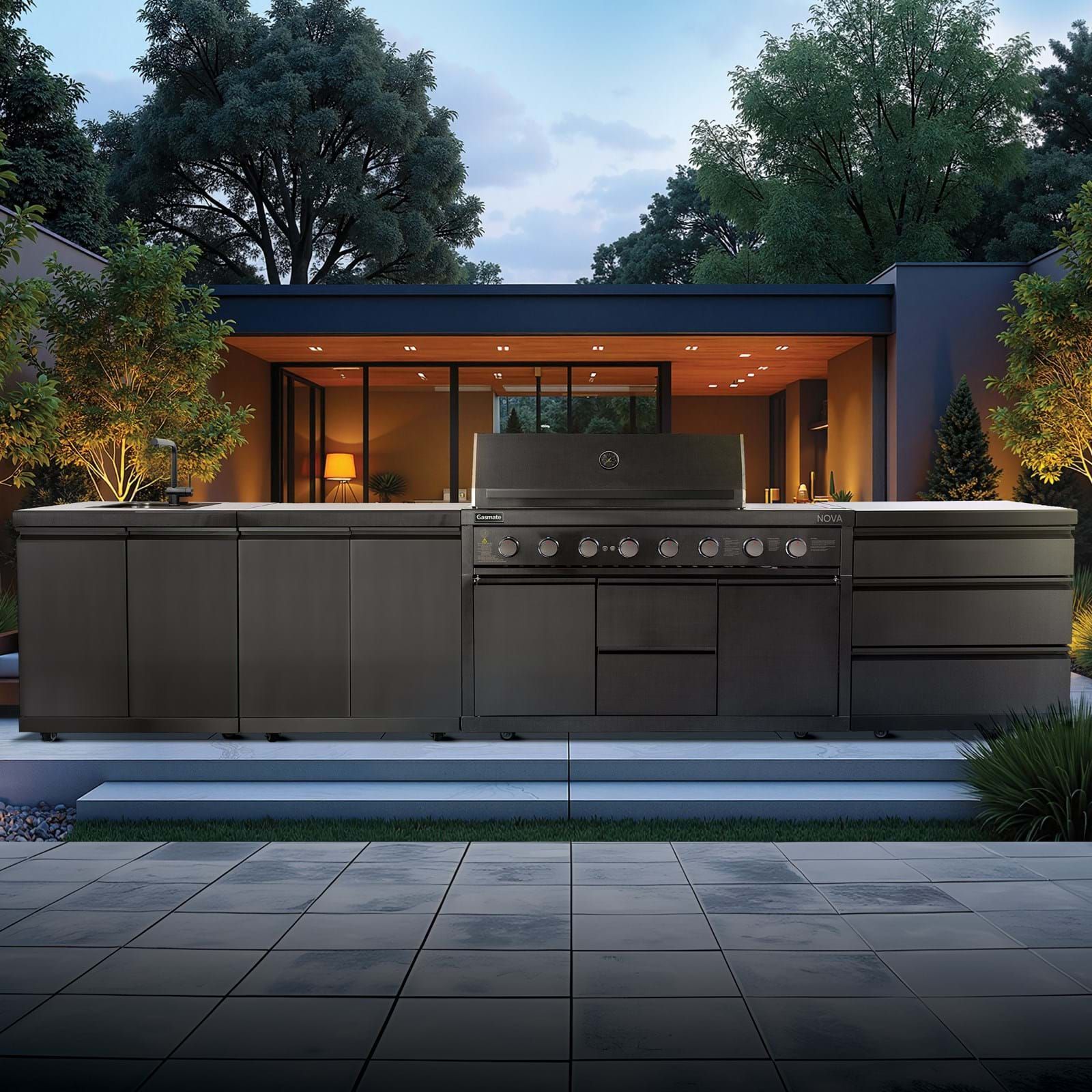 Large View Gasmate Nova MK2 Graphite 6 Burner (LPG) BBQ Outdoor Kitchen - BQ29FA-BUNDLE