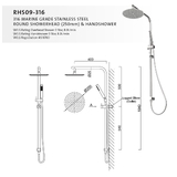316 Marine Grade Stainless Steel Round Showerhead (250mm) & Handshower - RHS09-316