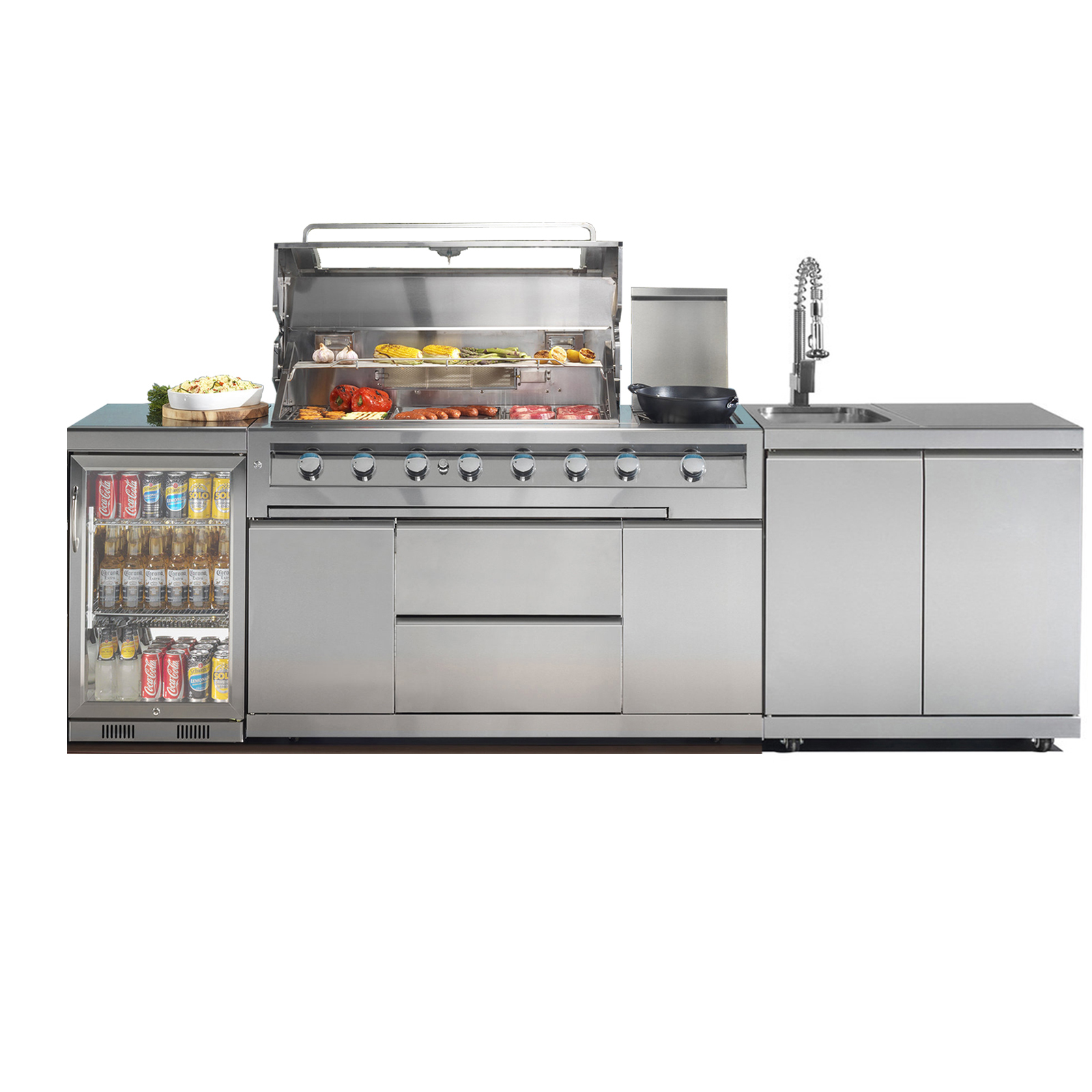 Gasmate Galaxy Stainless Steel 6 Burner NG BBQ w/ Sink,1 Door Bar Fridge 118L & Fridge Top Kitchen Package