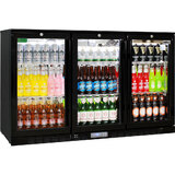 Commercial Glass 3 Door Black Under Bench Bar Fridge With Heated Glass To Stop Condensation