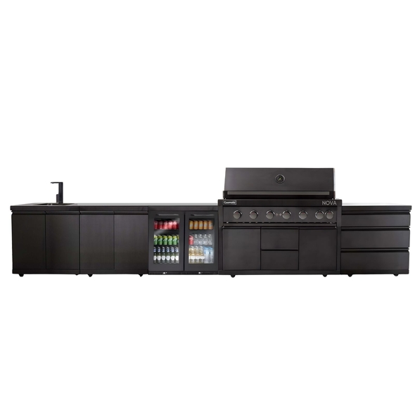 LPG Gasmate Nova MK2 Graphite Outdoor Kitchen with Drawers, Sink, BBQ, Double Door Fridge + Top and Storage - BQ29F-LPG-BUN