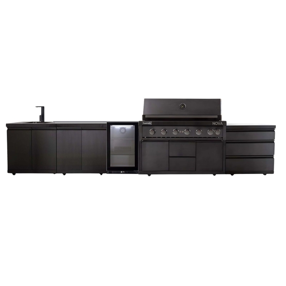 LPG Gasmate Nova MK2 Graphite Outdoor Kitchen with Drawers, Sink, BBQ, Single Door Fridge + Top and Storage - BQ29F-LPG1DFR-BUN