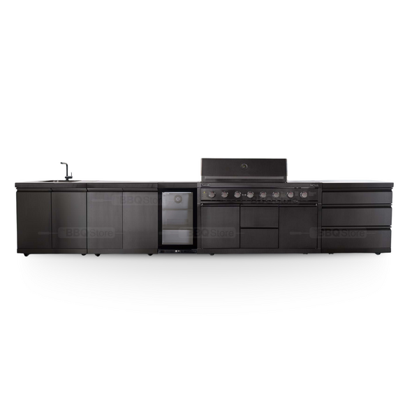 NG Gasmate Nova MK2 Graphite Outdoor Kitchen with Drawers, Sink, BBQ, Single Door Fridge + Top and Storage - BQ29F-NG1DFR-BUN