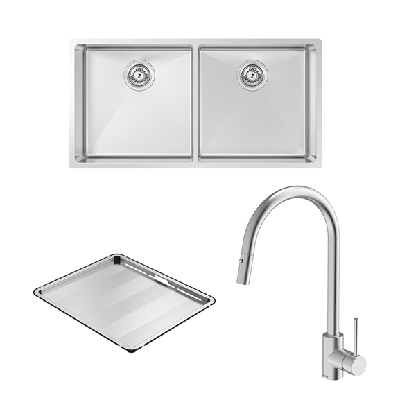Alfresco 400 Double Bowl Sink with Drain Tray & KTA037-316-BR Kitchen Mixer - FRA400DT15