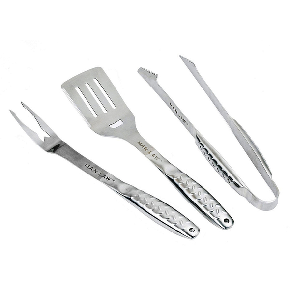 Man Law Heavy Duty 3 Piece Stainless Steel BBQ Set, Includes Fork, Tongs, & Spatula in a Box