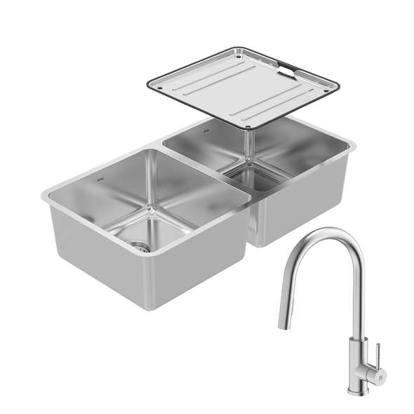 Lago Double Bowl Sink Package with 304 Gooseneck Pull Out Kitchen Mixer - NL200T16