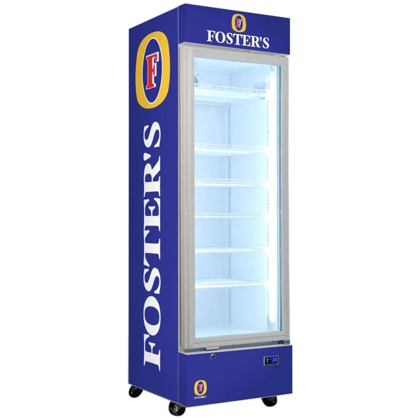 Fosters Lager Branded Design - Upright Quiet Running Glass Door Bar Fridge - SC372W-FOSTERS
