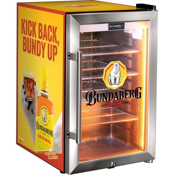 Bundy Branded - 6 Designs to choose from! - Triple Glazed Glass Door Bar Fridge With Bundy Branding - SC70-SS-Bundy1-D4