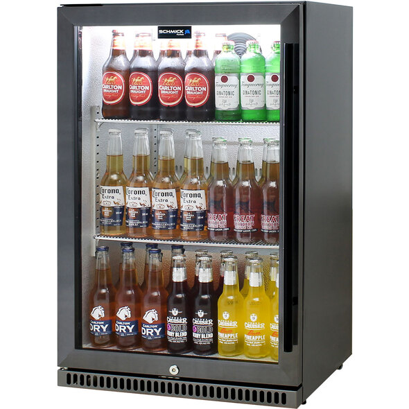 Schmick Black Stainless Steel Bar Fridge Tropical Rated With Heated Glass and Triple Glazing 1 Door Model SK118L-BS