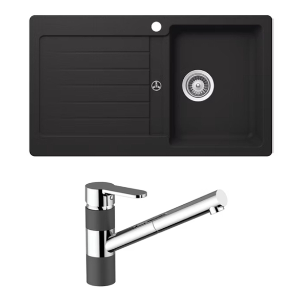 Schock Typos Single Bowl with Right Hand Drainer 1TH & 400710B Pull Out Kitchen Mixer Onyx  - TD100T2BR