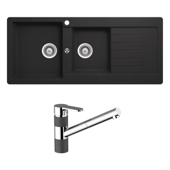 Schock TD200 Typos 1 and 3/4 Left-Hand Bowl with Drainer Pull-Out Mixer - Onyx - TD200T2BL
