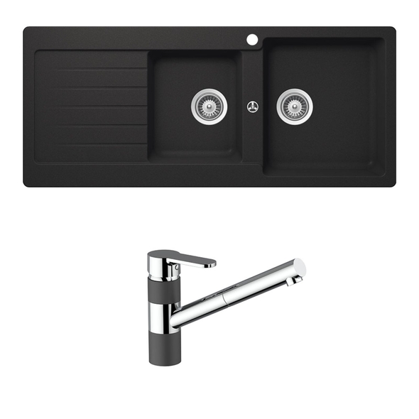 Schock Typos 1 & 3/4 Bowl with Right Hand Drainer 1TH & 400710B Kitchen Mixer Onyx - TD200T2BR